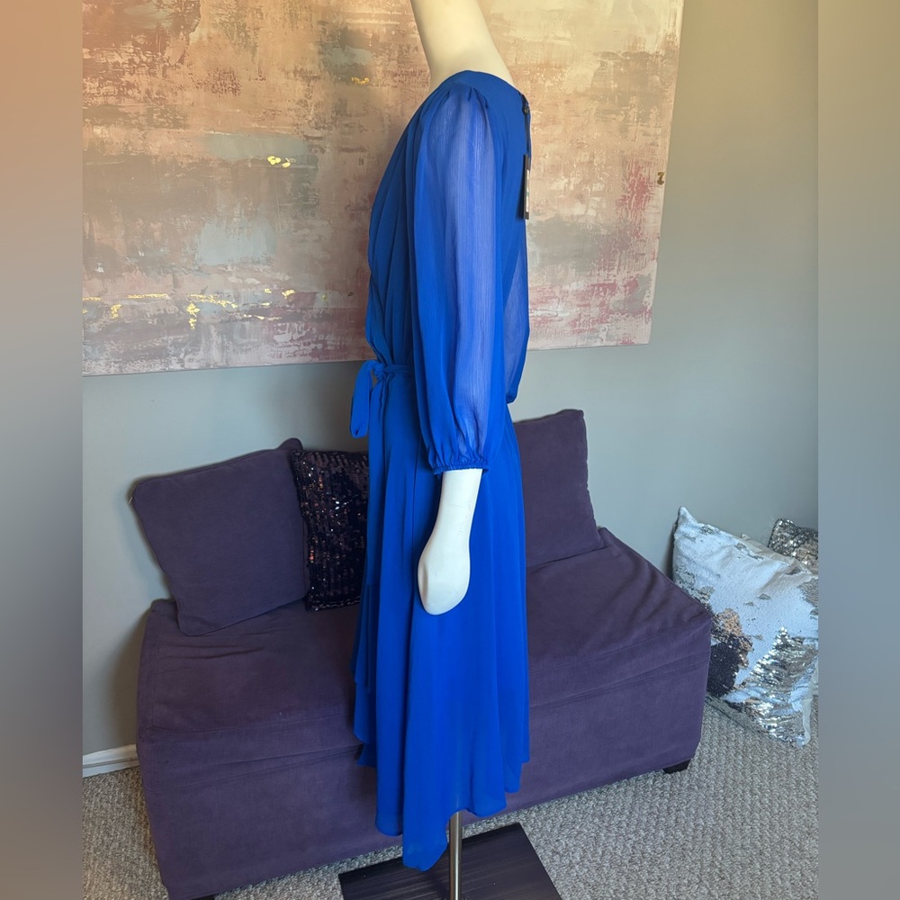 DKNY Blue Faux Wrap Dress with V-Neck and Bishop Sleeves NWT size 16 - Picture 8 of 12